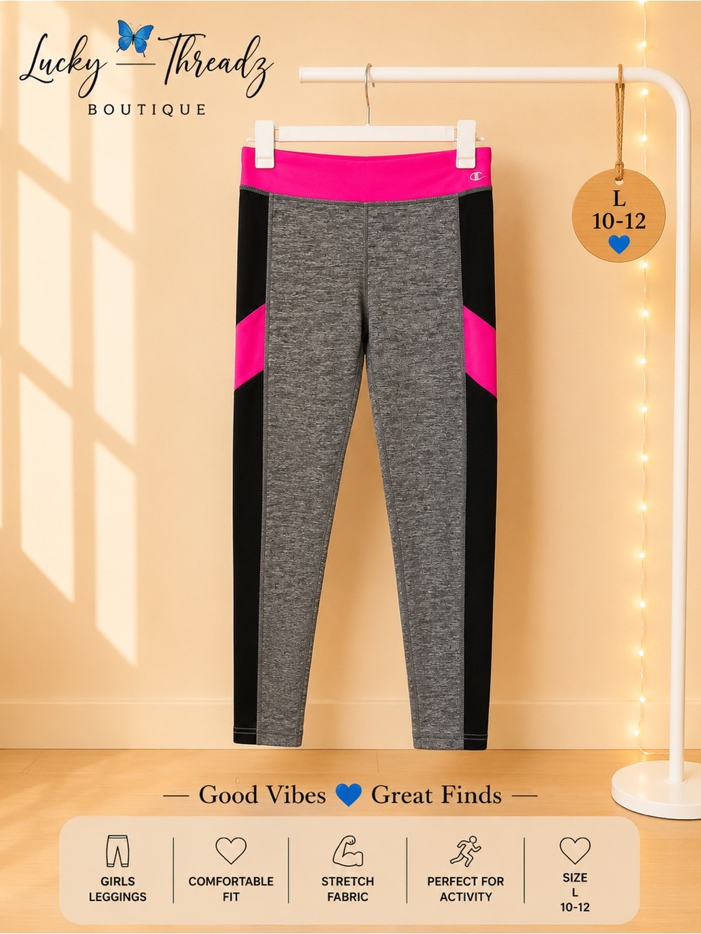 Champion Girls Size L 10-12 Gray Black Hot Pink Colorblock Performance Leggings